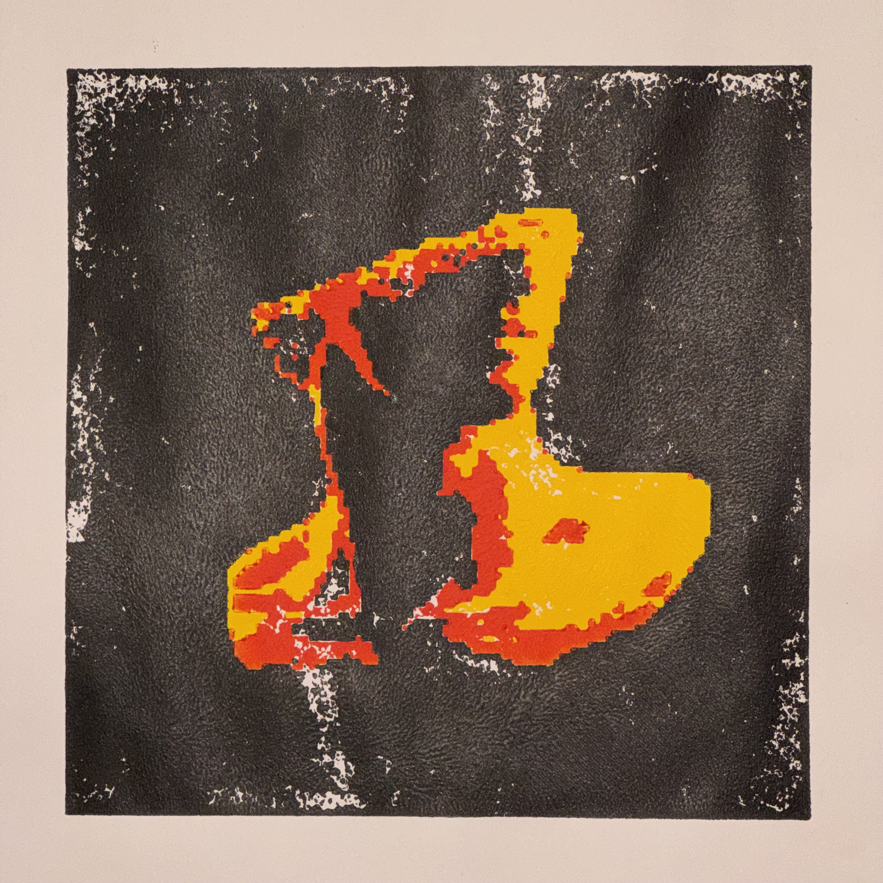 Abstract high-contrast yellow and orange form on a dark textured field.